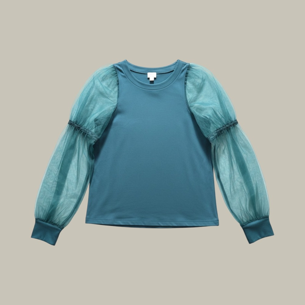 Maeve Anthropologie Teal Sheer Mesh Puff Sleeve Knit Top Lace Detail Size Large